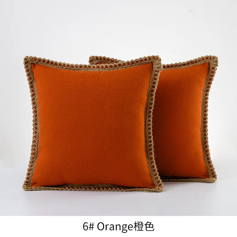 Solid Color Cotton Linen Pillow Cover with Jute Rope Trim Boho Decorative 45x45cm Cushion Pillow Case for Sofa Bed Living Room
